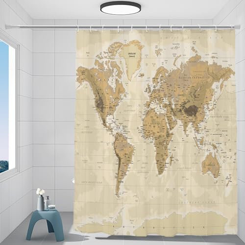 Batmerry Vintage Weltkarte Dekorativer Duschvorhang, Nordafrika Mittelmeer Duschvorhang Niedlich Lang Breit Duschvorhang mit Rostfreien ÖSen für Badezimmer Bauernhaus Wasserdicht Waschbar