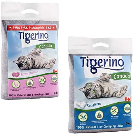 Extremely Tigerino Canada Katzenstreu - Babypowderduft 6kg & Sensitive 6kg: 100% natürlicher Ton, saugfähig, ultra stark klumpend