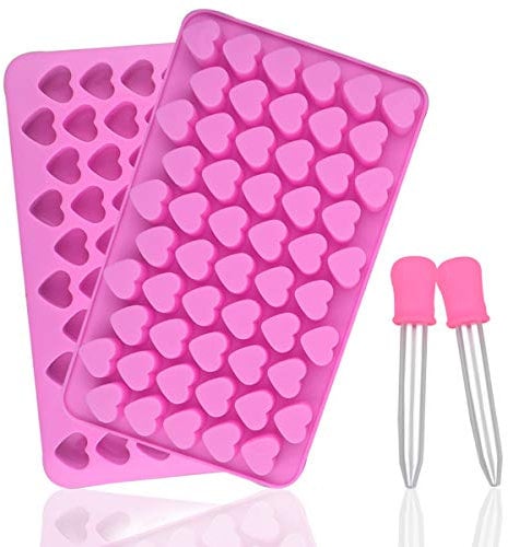 2 Pack Silicone Mini Hearts Molds with 2 Droppers Ice Cube Heart Mold Mini Hearts Shape Mould for Baking Silicone Molds for Chocolate Gummy Candy Soap Jelly Cake Heart Ice Tray (Pink)