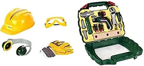 Theo Klein 8394 Bosch Ixolino Koffer I Mit Hammer, Schraubenschlüsse, 26,6 cm x 32 cm x 8,8 cm & 8537 Zubehör-Set I Hochwertige Arbeitshandschuhe, Brille, Ohrenschützer und Helm, 30 cm x 38 cm 10 cm