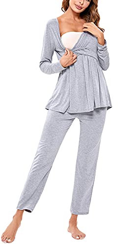 Litherday Pigiama Premaman Donna Invernale Cotone Morbido Manica Lunga con Cintura Regolabile Pigiama Allattamento Parto Ospedale maternità Grigio Chiaro XL