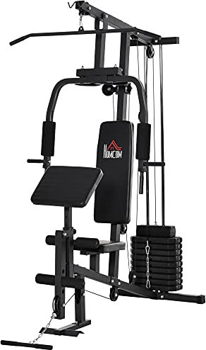 HOMCOM Multiestación Máquina de Musculación con Estribo para Piernas Poleas y Placas de Peso de 45 kg para Entrenamiento Fitness en Hogar Gimnasio 148x108x207 cm Negro