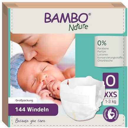 Bambo Nature Baby Windeln Größe 0 (1-3kg) 144 St. Monatsbox | Premium Diapers mit verbesserter Auslaufsicherheit | Ultimativer Komfort & Freiheit für Neugeborene | Dermatologisch getestete Nappies