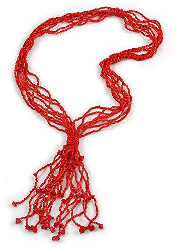 Avalaya Collier multirangs avec perles de verre rouge écarlate et pompon de 66 cm de long et 12 cm de long