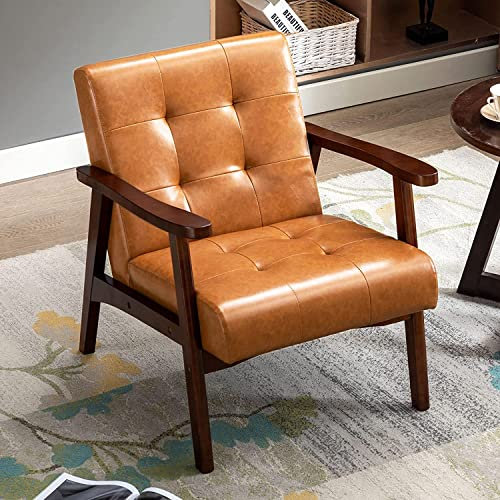 Sessel Wohnzimmer Retro Holzsessel Loungesessel Polsterstuhl mit Armlehnen Retro Sessel mittelalterlicher Holzrahmen Designstuhl aus Kunstleder und Eiche, geeignet für Schlafzimmer Café (Karamell)