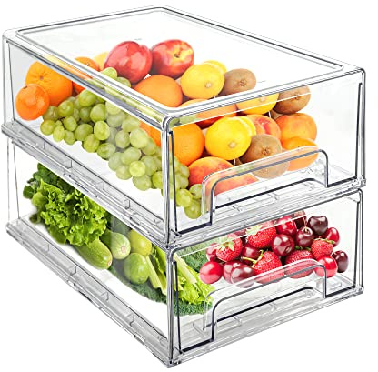 Mano 2Pack Clear Fridge Drawers Pull Out Stackable Refrigerator Drawer Organizer Bins Pantry Storage Box Plastic Food Containers for Kitchen Bathroom Office Closet (2pack-Large)