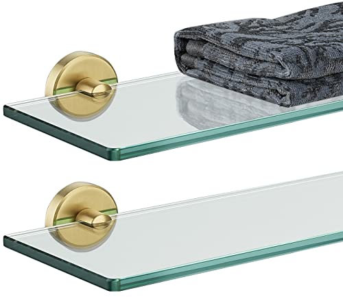 JQK Badezimmer-Glasregal, Gold, gehärtetes Glas, Duschaufbewahrung, 50,8 x 12,7 cm, 304 Edelstahl, gebürstet, goldfarben, Wandhalterung, 2 Stück, TGS101L20-BG-P2