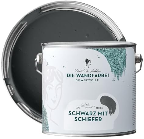 MissPompadour edelmatte Wandfarbe Schwarz mit Schiefer 2,5L - sehr hohe Deckkraft - geruchsneutrale, spritzfreie Farbe - atmungsaktive, wasserbasierte Innenfarbe/Deckenfarbe - Die Wertvolle
