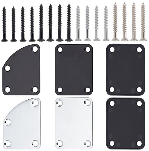 FINGERINSPIRE 4 Pack 2 Styles Metal Guitar Neck Plate Rectangle Guitar Neck Plate with Plastic Mat Curved Cutaway Neck Plate Black & Sliver 4 Hole Electric Guitar Neck Plate with Screws for Jazz Bass