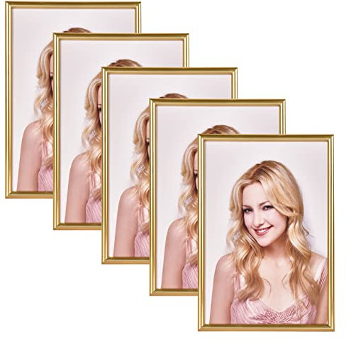 Alishomtll Lot de 5 cadres photo dorés - 10 x 15 cm - Avec verre acrylique HD - À suspendre - En plastique - Pour plusieurs photos - Doré
