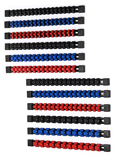 CASOMAN 12PC ABS Socket Organizer, Premium Quality Socket Holders,1/4-Inch x 48 Clips, 3/8-Inch x 90 Clips, 1/2-Inch x 36 Clips, Blue & Red & Black