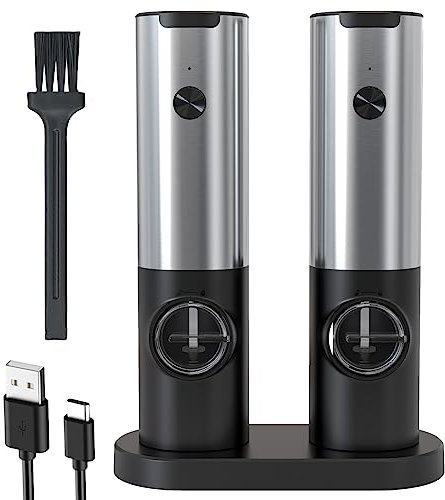 IraXpro Electric Salt and Pepper Grinder Set with Rechargeable Base,LED Light,Ceramic Grinders with Adjustable Coarseness,Electric Salt and Pepper Mill Set,Grinder for Kitchen (Silver-Rechargeable)