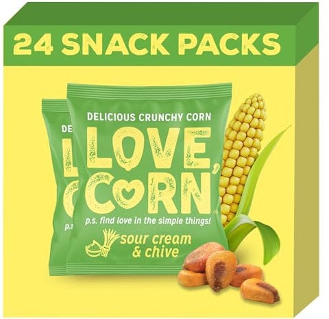 LOVE CORN Sour Cream & Chive Crunchy Corn Snack 20g x 24 Bags – Healthy Snacks Ideal for Gluten Free & Vegan Diets – Low Sugar Alternative for Crisps, Mixed Nuts & Pretzels – Perfect To Graze On