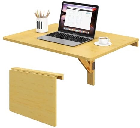 COSTWAY Wall-mounted Drop-leaf Table, Folding Floating Laptop Desk, Space Saving Hanging Table for Study, Bedroom, Bathroom, or Balcony, 80x60CM (Natural)
