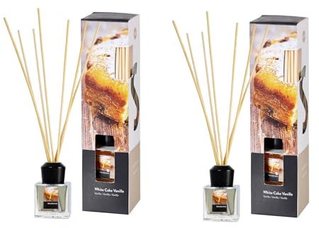 Raumduft im Glas mit Duftstäbchen im 2er-Set – 2x50 ml – für Badezimmer, Hausflur, Wohnzimmer, Küche, Abstellraum – eignet Sich auch als Geschenk zu Weihnachten und Geburtstag (White Cake Vanilla)
