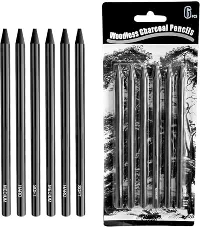 Charcoal Sticks Drawing Pencils, Charcoal Drawing Art Set, Drawing Pencils Set, Charcoal Drawing Pencils, Ideal for Beginners and Professionals, for Art Sketching, 6 Pcs(2 Soft+2 Medium+2 Hard)