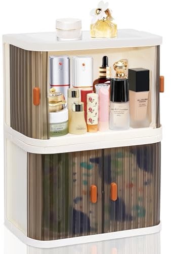 KHayRovies 2Pcs Foldable Plastic Storage Boxes, Collapsible Storage Bins with Shutter Doors, Wardrobe Stackable Closet Organizer for Kitchen Bedroom Office (A)
