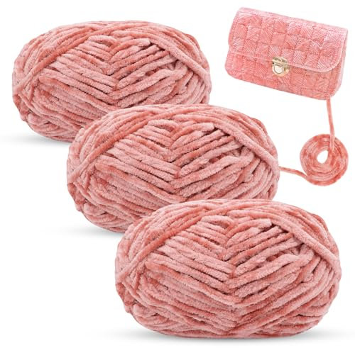 LEREATI Ciniglia Gomitoli per Uncinetto 3x100g Grossa Filato per Borse Uncinetto, Gomitolo di Lana Ciniglia, Cordino per Cappelli, Coperte, Sciarpe (Rosa Cuoio)