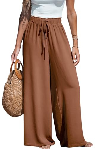 CUPSHE Women Trousers Drawstring Wide Leg High Waist Casual Beach Lightweight Summer Trousers Dark Brown XL