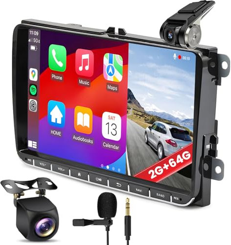 Hikity 2G+64G 9' Android 15 Autoradio 2 DIN con Dashcam per VW Golf 5 6 Polo Touran Tiguan Skoda Wireless Carplay Android Auto Touchscreen Stereo Auto con GPS WiFi HiFi RDS MIC+Dashcam+Retrocamera
