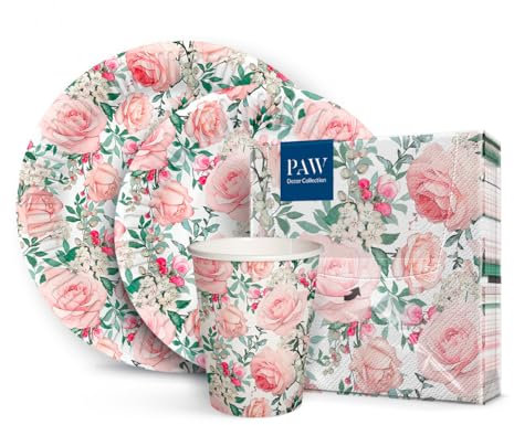 PAW - Vaisselle Jetable Anniversaire I Set de Fête pour 16 Personnes, 68 Pièces I 20 x Serviettes en Papier, 32 x Assiettes en Carton, 16 x Gobelets en Carton I Élégantes, Classiques, Roses
