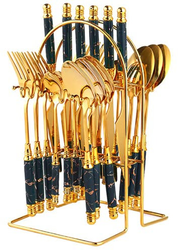 Ensemble d'argenterie 48 pièces avec poignée en céramique, ensembles de couverts en acier inoxydable de qualité alimentaire, ensemble de couverts polis miroir, lavable au lave-vaisselle (noir/or 48 p