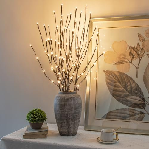 Eambrite Set of 2 3PK 76cm Home Decorative Twig Lights Garden Stake Branch Lights with 60 Warm White LEDs Mains Powered Lighted Branches for Floor Vases Spring Xmas Decor Outdoor and Indoor