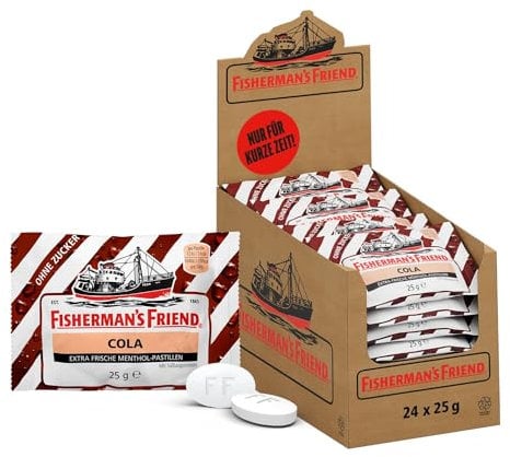 Fisherman's Friend Cola, 24er Vorratsbox, Exklusive Sorte mit Menthol Geschmack, zuckerfrei und vegan, Cola-Bonbons für frischen Atem, 24 x 25g