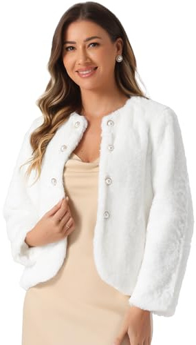 Allegra K Femme Manteau Fausse Fourrure Manches Longues Boutons Perle Hiver | Ouvert devant avec Boutons Doux et Isolant Longueur Allongée Parfait pour Soirées ou Dîners