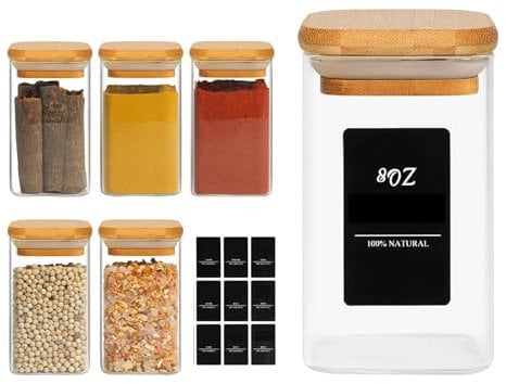 ComSaf 6Pcs 8oz/250ml Spice Jars with Label Trial Set, Glass Spice Bottle with Bamboo Lids Supplementary Set, Spice Container, Perfect for Ktichen Starter