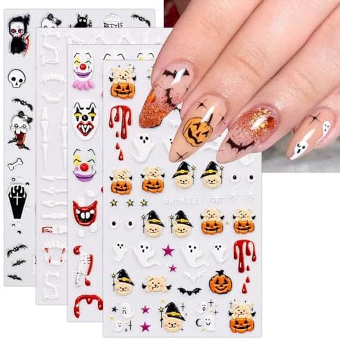 JMEOWIO 3D Embossed Halloween Nail Art Stickers Decals Self-Adhesive 5D Cute Ghost Pumpkin Star Nail Supplies Nail Art Design Decoration Accessories 4 Sheets