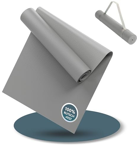 LILENO SPORTS Yogamatte Hellgrau (180 x 60 cm) mit Tragegurt, Sport- und Yogamatte extra rutschfest in 4 mm Dicke, Gymnastik- und Fitnessmatte für Training