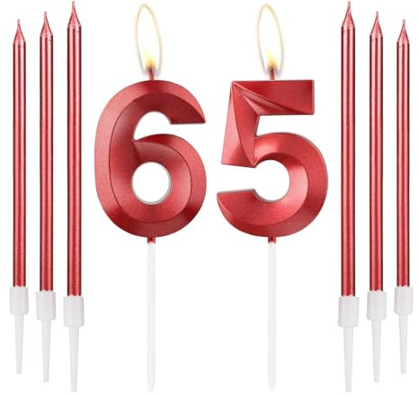 mciskin Red 65 Birthday Candles-3D Design Number 65 Candle for Cake with 6pcs Long/Thin Candles Set, Red Cake Topper for Women 65th Birthday Decorations Supplies,65th Wedding Anniversary Decorations
