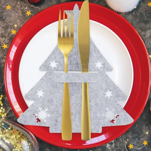 Besteckhalter Weihnachten Filz, 12 Stück Besteckbeutel Weihnachtsbaum Tischdekoration, Grau Weihnachts Tannenbaum Messer Gabeln Löffel Geschirr Besteck Taschen für Party Tisch Weihnachtsdeko