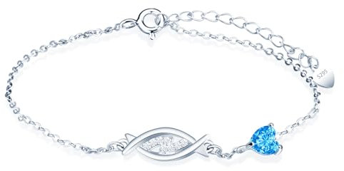MicLee Damen Mädchen Silber Fische Zirkon Armband Fashion 925 Sterling Silber Sternzeichen Armbänder mit Blaues Herz Zirkon Kreative Sternbild Schmuck Mode Verstellbare Kette Armband
