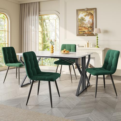 buiesjole Essgruppe (5-TLG), 119x70cm Marmormuster Esstisch mit 4 dunkelgrünen Samtstühlen, Eisenbeinen, Esszimmerstuhl mit Armlehne und Rückenlehne, Stilvolles Esszimmer-Set für Küche