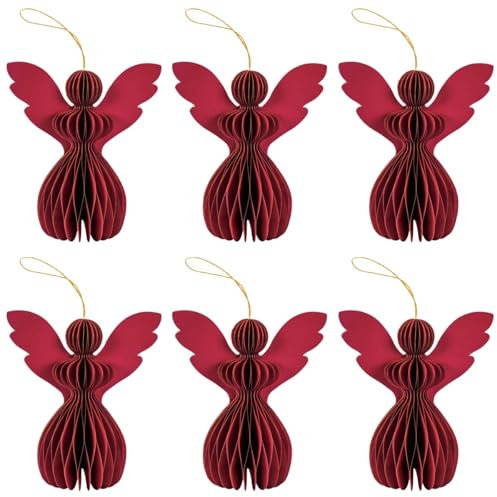 Weihnachtsbaum Anhänger 6er Set aus Papier Engel- Scandi Faltbare Hängedeko in Rot Magnet & Goldkante - Moderne Weihnachtsdeko Ø 17,5 x 20 cm für Wohnzimmer, Fenster & Weihnachtsbaumschmuck