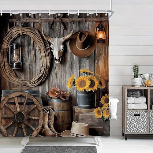 Western-Cowboy-Duschvorhang, rustikaler Bauernhaus-Scheunentür-Kabinen-Badevorhang, brauner Garagen-Holz-Badezimmerzubehör, Vintage-Stil, Landhaus-Ranch-Holzbrett, Südwesten, für Badezimmer-Vorhänge,