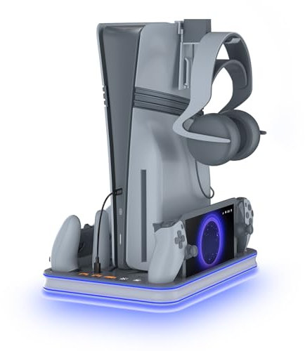 PS5 Stand and Cooling Station with RGB LED Controller Charger for PlayStation 5, PS5 Controller Charger for Dual Sense & Edge Controller and PS Portal, PS5 / PS5 Slim / PS5 Pro Accessories Grey