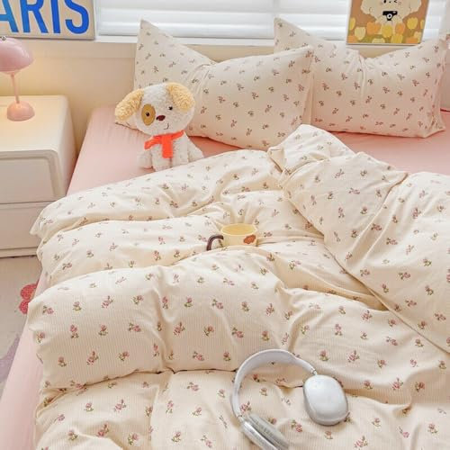 Michorinee Double Duvet Cover Set Pink Rose Stripe Pattern Romantic Floral Girls Beige Bedding Set with Zipper Closure Soft Washed Microfibre Aesthetic Cute Quilt Cover with 2 Pillowcases 50x75 cm