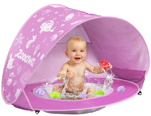 Zooawa Pop Up Strandmuschel Baby Strandzelt Strandmuscheln,Tragbar Baby Strand Zelt mit Mini Pool UV-Schutz Sun Shelter für Kleinkinder mit Strand Sand Spielzeug Set, Rosa