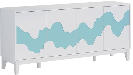 UEV Sideboard mit 4 Türen Küchenschrank 160x40x73cm Buffetschrank Holz Aufbewahrungsschrank modern Design mit Wellenmuster für Esszimmer Wohnzimmer Schlafzimmer Flur Weiß&Blau