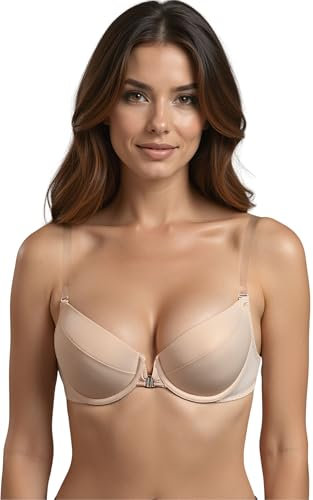 Vivisence Donna Reggiseno con Spalline Trasparenti Push Up Invisibile Schiena Nuda Reggiseni con Bretelle Trasparente Dietro, Beige,2B