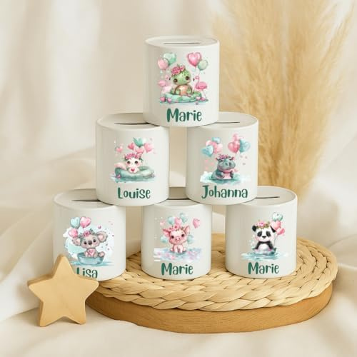wolga-kreativ Personalisierte Spardose mit Namen – Tiere mit Luftballons – Panda, Koala, Schildkröte, Katze & Schweinchen – Kinder Spardose Keramik – Geschenk zur Taufe & Geburt – Sparschwein Kinder