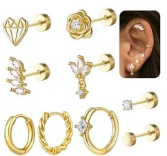 9Pcs Helix Piercings Silber 925 Gold Chirurgenstahl Ohrringe Piercing Set aus Kristall-Details & Blumen-Designs, Flatback Ohrstecker für Damen, Tragus/Conch/Lobe Piercing Ohr Schmuck