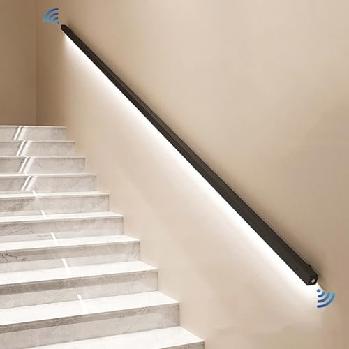 CHBCJJYP Corrimano per Scale a LED con Sensore di Movimento, Ringhiera per Scale a Tubo Quadrato, Corrimano a Parete per Scale Interne, Nero Opaco(70cm)