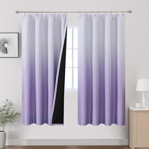 VEHEDE Ombre Lila und Weiß Kräuselband Vorhang, 183cm lang Thermovorhang Schienen Blackout Vorhänge für Wohnzimmer, Gradient 2er Set Gardinen für Schlafzimmer, H183 x B132 cm