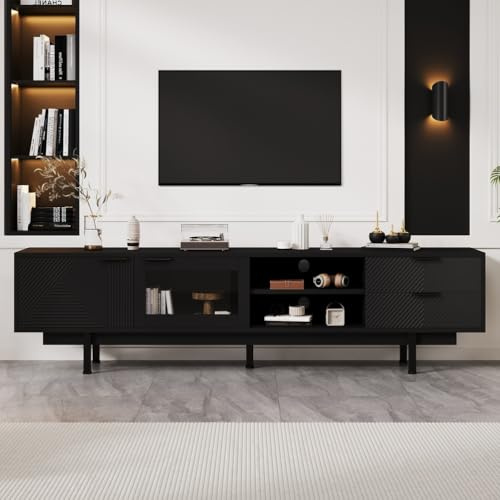 Generisch Armoire TV moderne et simple 200 * 40 * 50,5 cm avec 2 portes et 2 tiroirs, meuble TV avec grand espace de rangement, meuble de séjour pour écran 80 pouces,Noir