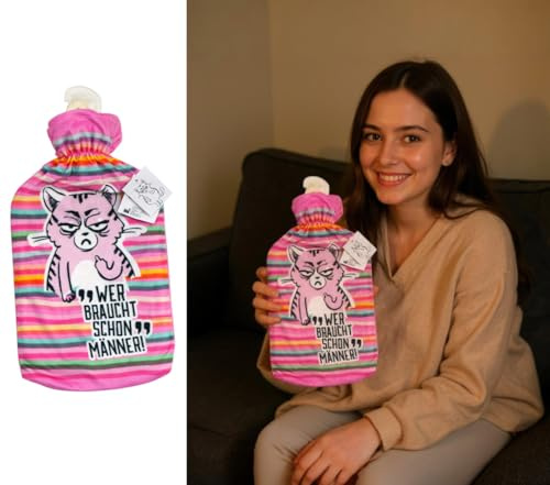 Wärmflasche Miesekatze Wer braucht schon Männer mit Überzug, 2L - Bettflasche Winter, Wärmekissen