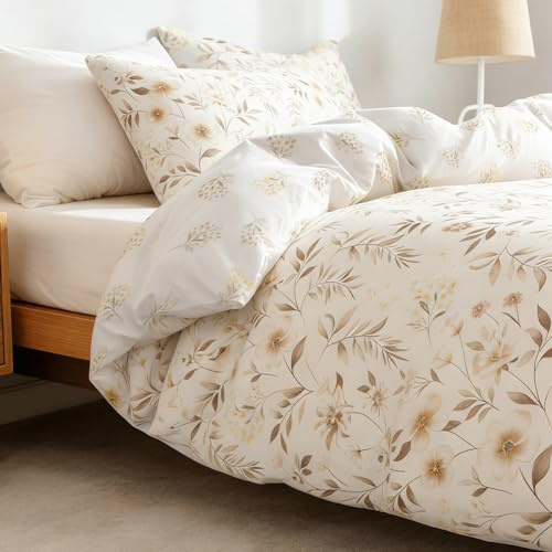 AShanlan Bettwäsche 135x200 Beige Weiß Blumen Bettbezug Kissenbezug 80x80cm
